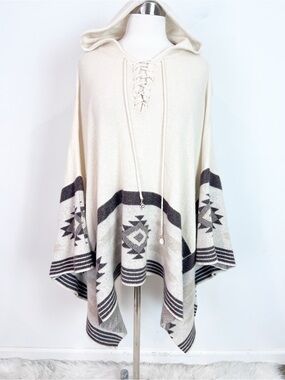 LETARTE OFF-WHITE BROWN AZTEC PATTERN HOODED CASHMERE PONCHO ONE SIZE